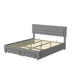 Lit coffre 160x200 avec 2 tiroirs, Lit rembourré avec sommier à lattes, tissu en velours et décoration de boutons, gris
