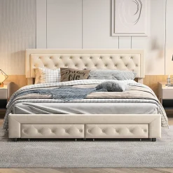 Lit coffre 160x200 avec 2 tiroirs, Lit rembourré avec sommier à lattes, tissu en velours et décoration de boutons, beige