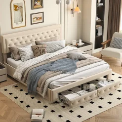 Lit coffre 160x200 avec 2 tiroirs, Lit rembourré avec sommier à lattes, tissu en velours et décoration de boutons, beige