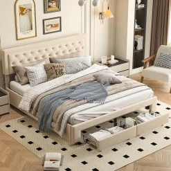 Lit coffre 160x200 avec 2 tiroirs, Lit rembourré avec sommier à lattes, tissu en velours et décoration de boutons, beige