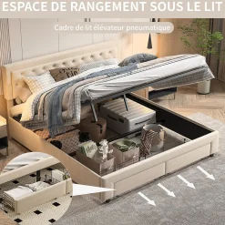 Lit coffre 160x200 avec 2 tiroirs, Lit rembourré avec sommier à lattes, tissu en velours et décoration de boutons, beige