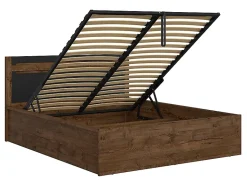 Lit coffre 140x200 avec cadre sommier et rangement,,coloris Chêne foncé/Noir mat - L. 205,5 x P. 149,5 x H. 41-96,5 cm