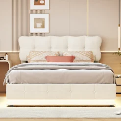 Lit Coffre 160x200 avec éclairage LED, Lit capitonné avec Sommier à Lattes, Velours, Beige