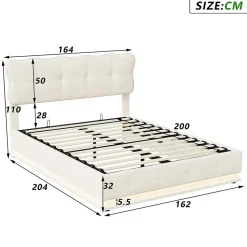Lit Coffre 160x200 avec éclairage LED, Lit capitonné avec Sommier à Lattes, Velours, Beige