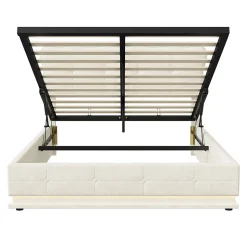 Lit Coffre 160x200 avec éclairage LED, Lit capitonné avec Sommier à Lattes, Velours, Beige