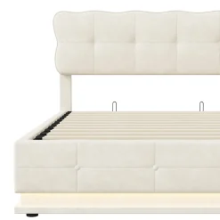 Lit Coffre 160x200 avec éclairage LED, Lit capitonné avec Sommier à Lattes, Velours, Beige