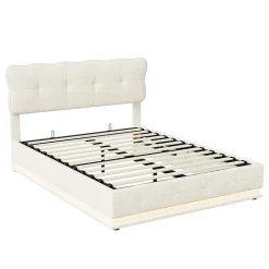 Lit Coffre 160x200 avec éclairage LED, Lit capitonné avec Sommier à Lattes, Velours, Beige