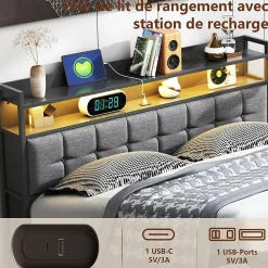 Lit Coffre 160x200 avec Rangement, LED, Sommier à Lattes, Prises USB/Type-C, Lit Double en Lin, Gris