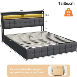 Lit Coffre 160x200 avec Rangement, LED, Sommier à Lattes, Prises USB/Type-C, Lit Double en Lin, Gris