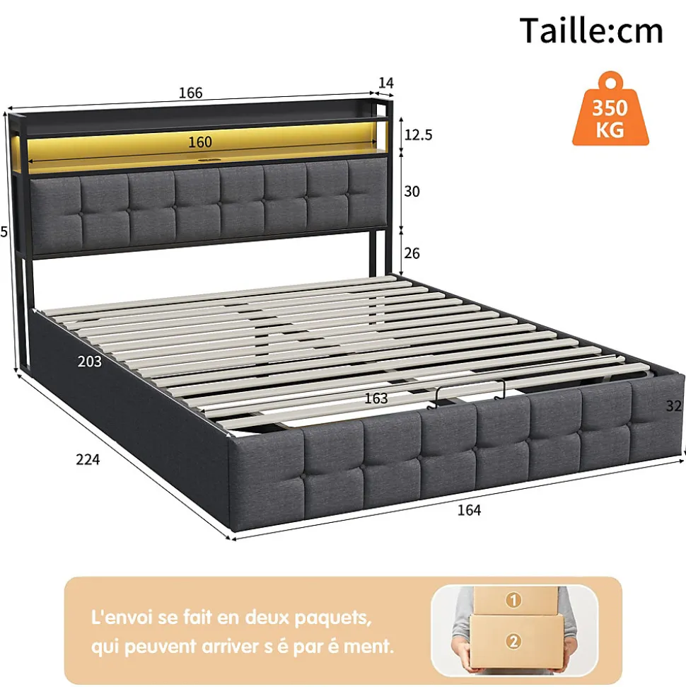 Lit Coffre 160x200 avec Rangement, LED, Sommier à Lattes, Prises USB/Type-C, Lit Double en Lin, Gris