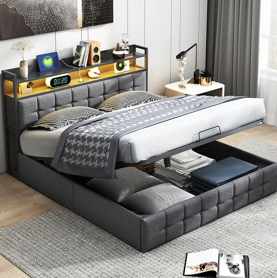 Lit Coffre 160x200 avec Rangement, LED, Sommier à Lattes, Prises USB/Type-C, Lit Double en Lin, Gris