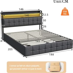 Lit Coffre 140x200 avec Rangement et éclairage LED, Sommier à Lattes, Lit Double avec USB et Type-C, Lit 2 Personnes, Lin, Gris