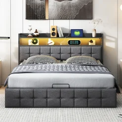 Lit Coffre 140x200 avec Rangement et éclairage LED, Sommier à Lattes, Lit Double avec USB et Type-C, Lit 2 Personnes, Lin, Gris