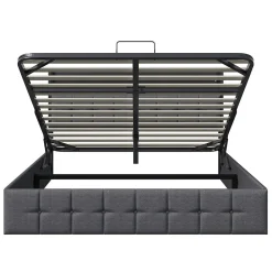 Lit Coffre 140x200 avec Rangement et éclairage LED, Sommier à Lattes, Lit Double avec USB et Type-C, Lit 2 Personnes, Lin, Gris