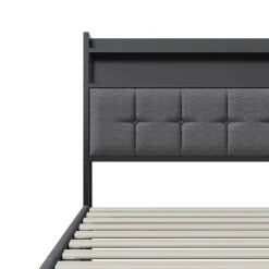 Lit Coffre 140x200 avec Rangement et éclairage LED, Sommier à Lattes, Lit Double avec USB et Type-C, Lit 2 Personnes, Lin, Gris