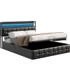 Lit Coffre 160x200 avec Rangement et éclairage LED, Lit 160x200 avec Sommier à Lattes,USB et Type-C,PU, Noir