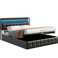 Lit Coffre 160x200 avec Rangement et éclairage LED, Lit 160x200 avec Sommier à Lattes,USB et Type-C,PU, Noir
