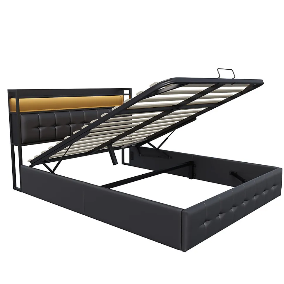 Lit Coffre 160x200 avec Rangement et éclairage LED, Lit 160x200 avec Sommier à Lattes,USB et Type-C,PU, Noir