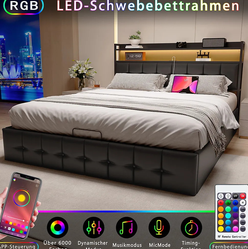 Lit Coffre 160x200 avec Rangement et éclairage LED, Lit 160x200 avec Sommier à Lattes,USB et Type-C,PU, Noir