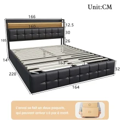 Lit Coffre 160x200 avec Rangement et éclairage LED, Lit 160x200 avec Sommier à Lattes,USB et Type-C,PU, Noir