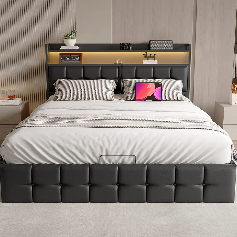 Lit Coffre 160x200 avec Rangement et éclairage LED, Lit 160x200 avec Sommier à Lattes,USB et Type-C,PU, Noir