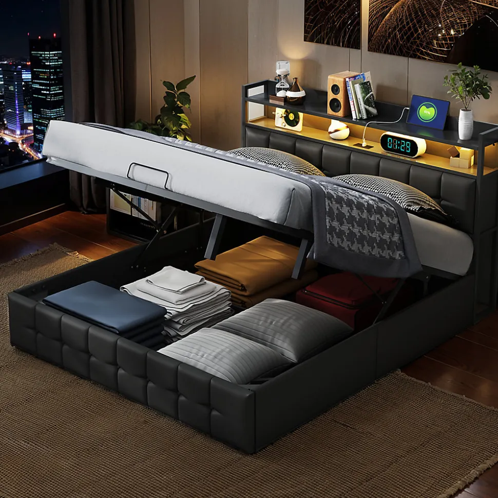 Lit Coffre 160x200 avec Rangement et éclairage LED, Lit 160x200 avec Sommier à Lattes,USB et Type-C,PU, Noir