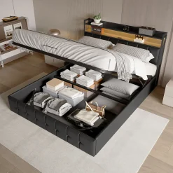 Lit Coffre 160x200 avec Rangement et éclairage LED, Lit 160x200 avec Sommier à Lattes,USB et Type-C,PU, Noir