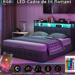 Lit Coffre 160x200 avec Rangement, LED, Sommier à Lattes, Prises USB/Type-C, Lit Double en Lin, Gris