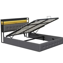 Lit Coffre 160x200 avec Rangement, LED, Sommier à Lattes, Prises USB/Type-C, Lit Double en Lin, Gris