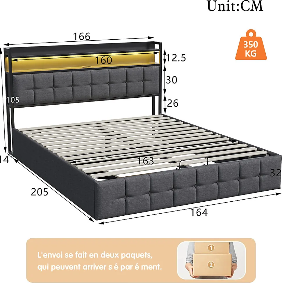 Lit Coffre 160x200 avec Rangement et éclairage LED, Sommier à Lattes, Lit Double avec USB et Type-C, Lit 2 Personnes, Lin, Gris