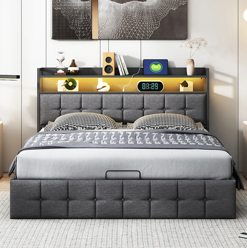 Lit Coffre 160x200 avec Rangement et éclairage LED, Sommier à Lattes, Lit Double avec USB et Type-C, Lit 2 Personnes, Lin, Gris