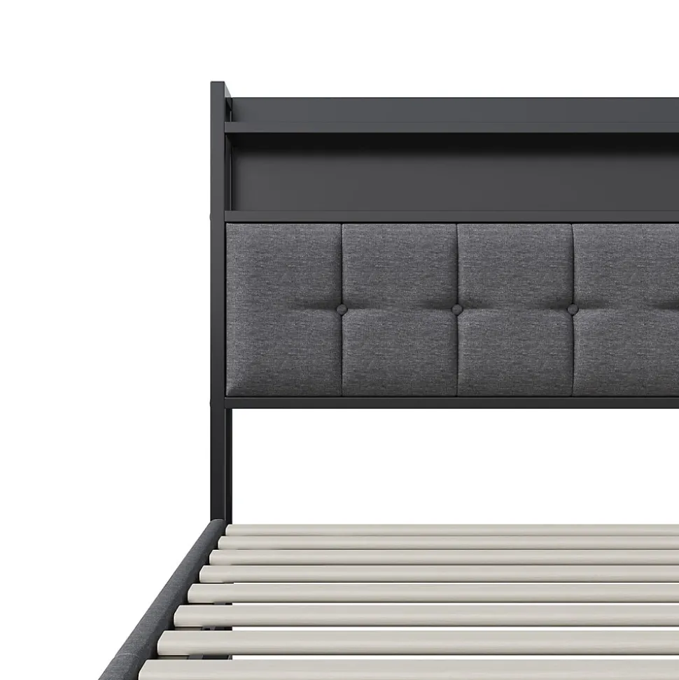 Lit Coffre 160x200 avec Rangement et éclairage LED, Sommier à Lattes, Lit Double avec USB et Type-C, Lit 2 Personnes, Lin, Gris