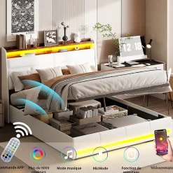 Lit Coffre 140x200 Avec Sommier Et USB, LED, Cadre De Lit Avec Rangement Et Tete De Lit, Blanc