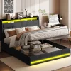 Lit Coffre 160x200 Avec Sommier Et USB, LED, Cadre De Lit Avec Rangement Et Tete De Lit, Noir