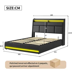 Lit Coffre 160x200 Avec Sommier Et USB, LED, Cadre De Lit Avec Rangement Et Tete De Lit, Noir