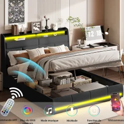 Lit Coffre 160x200 Avec Sommier Et USB, LED, Cadre De Lit Avec Rangement Et Tete De Lit, Noir