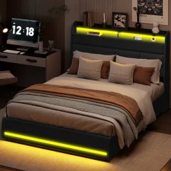 Lit Coffre 160x200 Avec Sommier Et USB, LED, Cadre De Lit Avec Rangement Et Tete De Lit, Noir