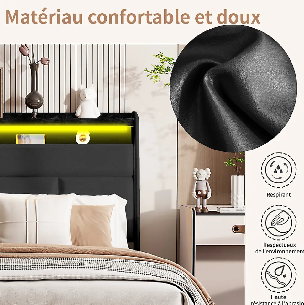 Lit Coffre 160x200 Avec Sommier Et USB, LED, Cadre De Lit Avec Rangement Et Tete De Lit, Noir