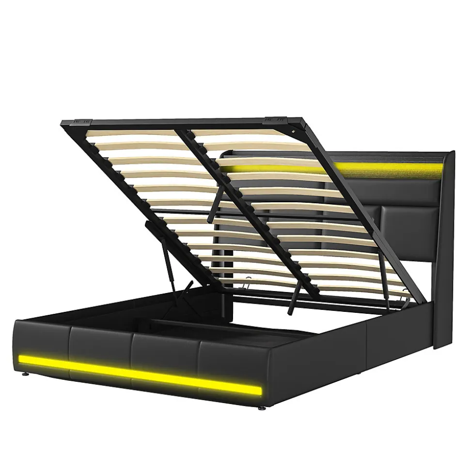 Lit Coffre 160x200 Avec Sommier Et USB, LED, Cadre De Lit Avec Rangement Et Tete De Lit, Noir