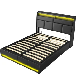 Lit Coffre 160x200 Avec Sommier Et USB, LED, Cadre De Lit Avec Rangement Et Tete De Lit, Noir