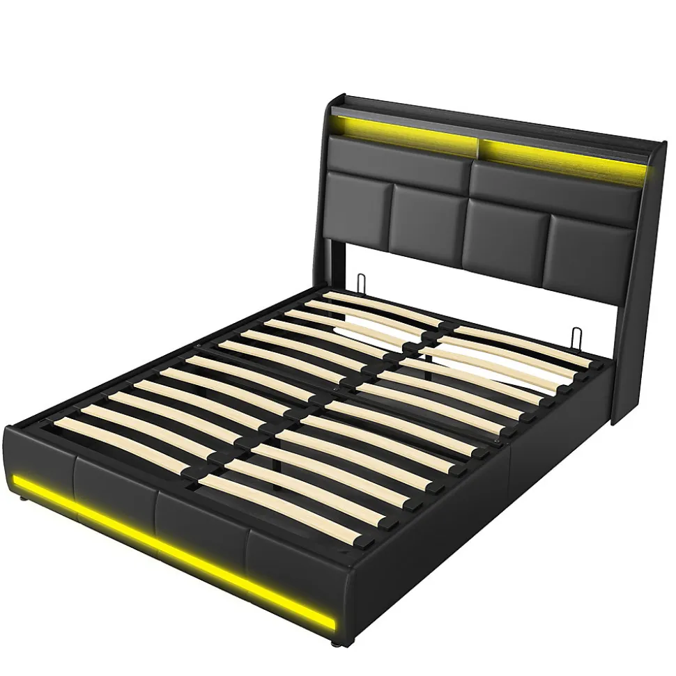 Lit Coffre 160x200 Avec Sommier Et USB, LED, Cadre De Lit Avec Rangement Et Tete De Lit, Noir