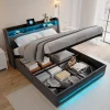 Lit Coffre 160x200 Avec Sommier, Lit Coffre Avec Port USB De Type C, Éclairage LED, Lin, Gris