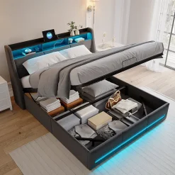 Lit Coffre 160x200 Avec Sommier, Lit Coffre Avec Port USB De Type C, Éclairage LED, Lin, Gris