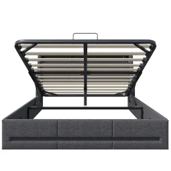 Lit Coffre 160x200 Avec Sommier, Lit Coffre Avec Port USB De Type C, Éclairage LED, Lin, Gris