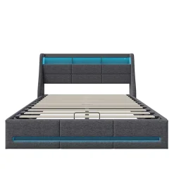 Lit Coffre 160x200 Avec Sommier, Lit Coffre Avec Port USB De Type C, Éclairage LED, Lin, Gris