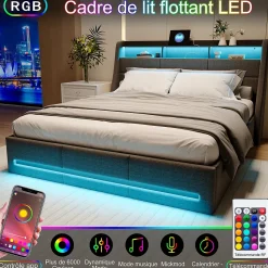 Lit Coffre 160x200 avec Sommier, Lit Coffre avec Port USB de Type C, éclairage LED, Lin, Gris