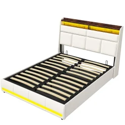 lit Coffre 160x200 avec sommier et USB, LED, Cadre de lit avec Rangement et Tete de Lit, Blanc