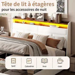lit Coffre 160x200 avec sommier et USB, LED, Cadre de lit avec Rangement et Tete de Lit, Blanc