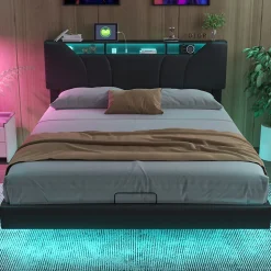 Lit Coffre 160x200 avec Sommier LED Hydraulique avec Rangement et Tete de Lit 2 Personnes Lits pour Adulte Coffre Noir+PU