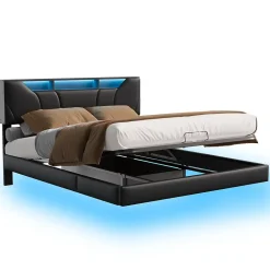 Lit Coffre 160x200 avec Sommier LED Hydraulique avec Rangement et Tete de Lit 2 Personnes Lits pour Adulte Coffre Noir+PU